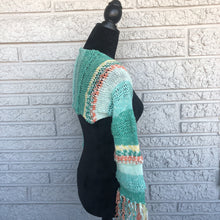 Load image into Gallery viewer, Loom Knit Minty Fringe Shrug